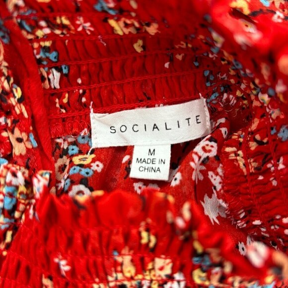 Socialite Women's Red Floral One Piece BodySuit Snap Bottom Smocked Neck Sleeves - Picture 8 of 12